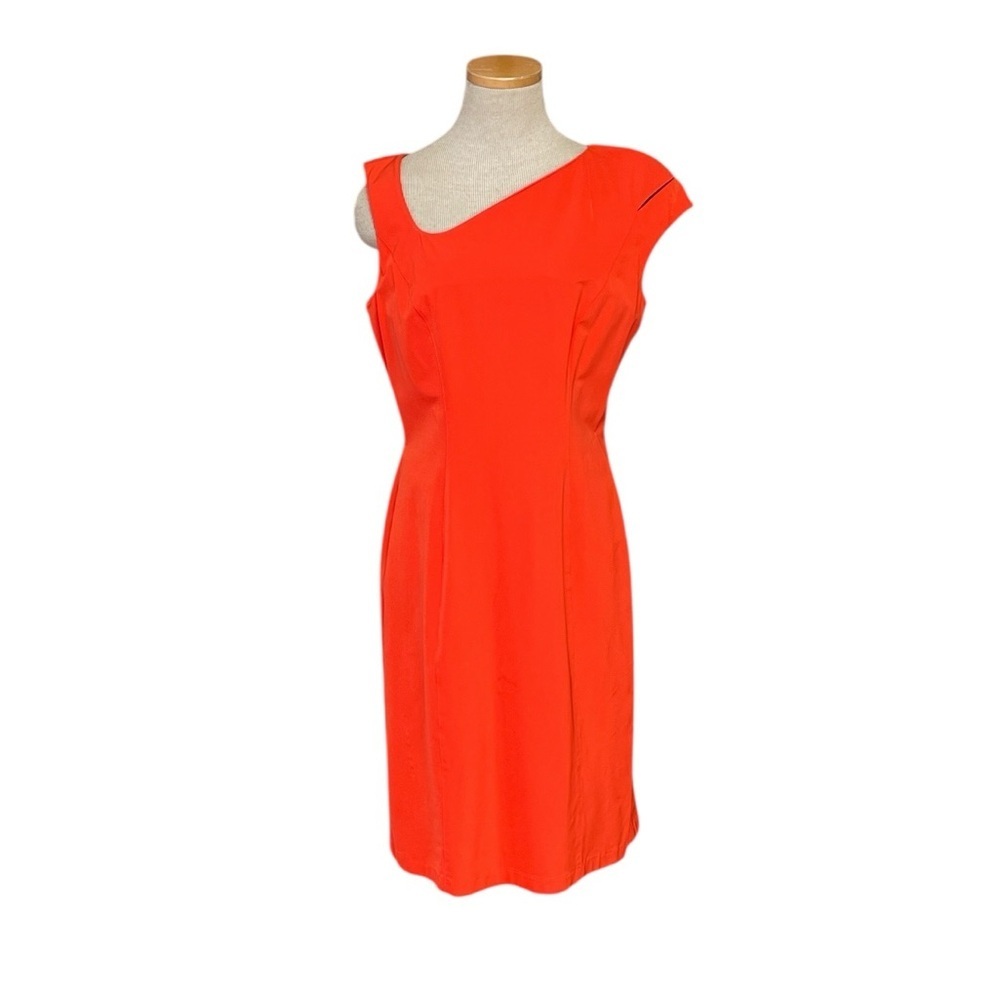 Mugler Dress Orange Red Sheath Asymmetric Neck Shoulder Stretch Size 42 US 10
